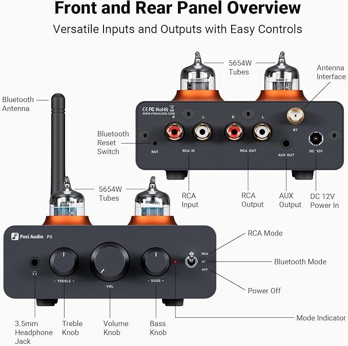 Fosi Audio P3 Tube Preamp Headphone Amplifier Home Audio Preamplifier Mini Vacuum Pre Amp Receiver with Bluetooth aptX LL HD Bass Treble Tone Controls for HiFi Stereo Active Speakers with RCA AUX Jack