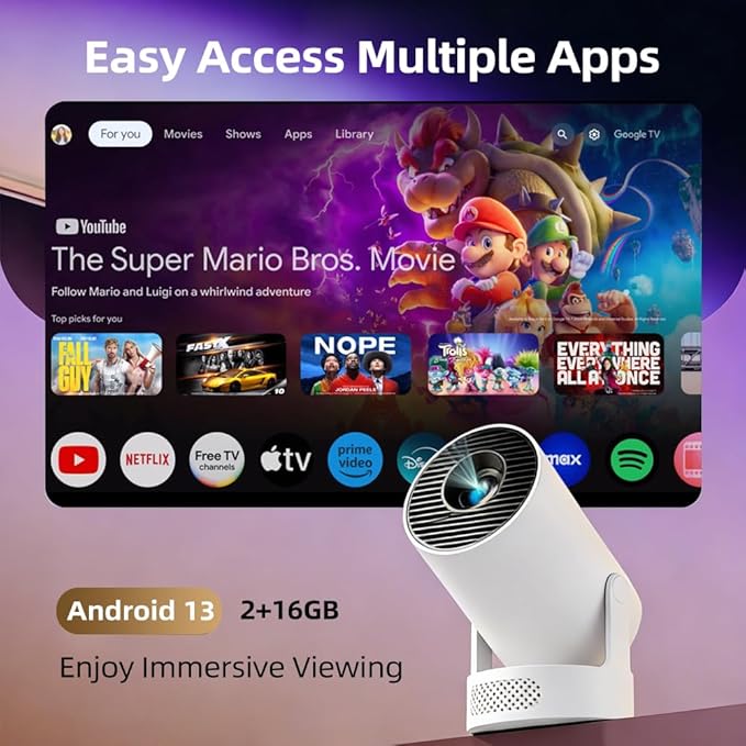 Mini Projector with WiFi and Bluetooth, Portable Projector 4K Support, 5W Soundbase Speaker, Auto Keystone Correction 180°Rotatable Smart Proyector for Movie Home HY300 Ultra