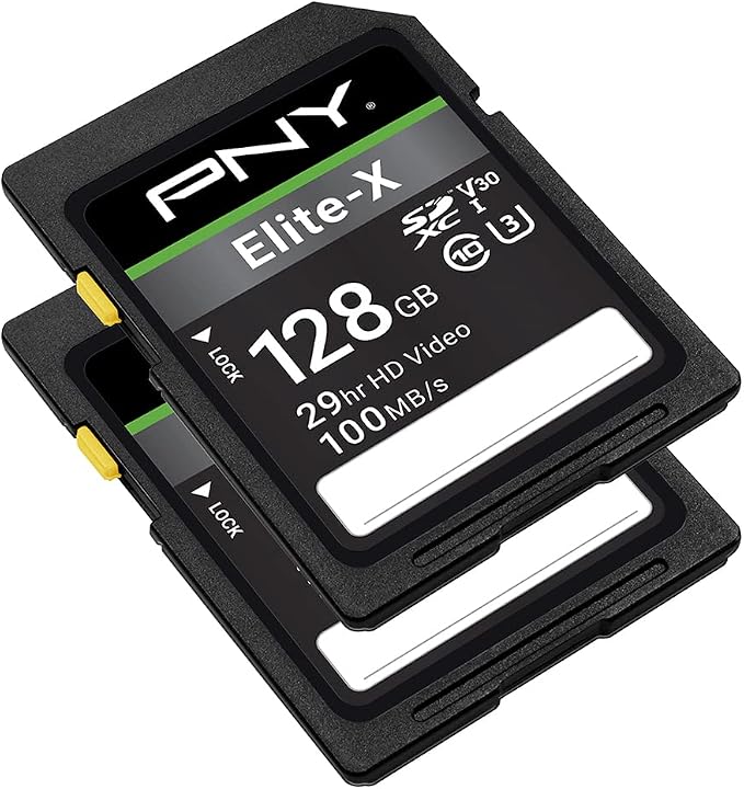 PNY 128GB Elite-X Class 10 U3 V30 SDXC Flash Memory Card - 100MB/s, 4K UHD, HD, UHS-I, Full Size SD (Pack of 2)