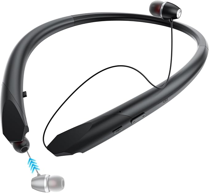 Neckband Bluetooth Headphones Retractable, Wireless Headset with Mic, IPX5 Sweatproof Earphones, 22H Playtime & Dual Connectivity for Sports Running Workouts (Black)