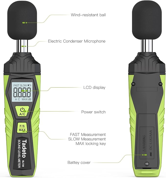 Decibel Meter, Tadeto Digital Sound Level Meter Portable SPL Meter 30dB to 130dB MAX Data Hold with LCD Display Backlight A/C Weighted for Home Factories