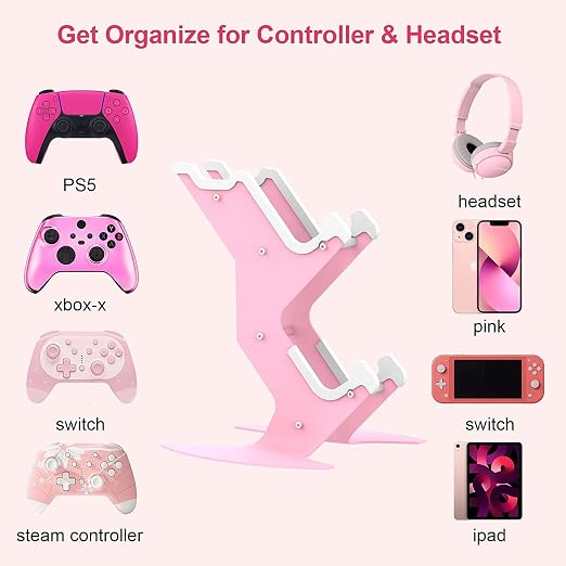 Controller Holder Pink, Game Controller Rack Headset Stand for Xbox Series X S/Xbox one / PS5 / PS4 / NS/PC/Headset, Aluminum Metal Headset Mount Universal Organizer for Video Game Accessories