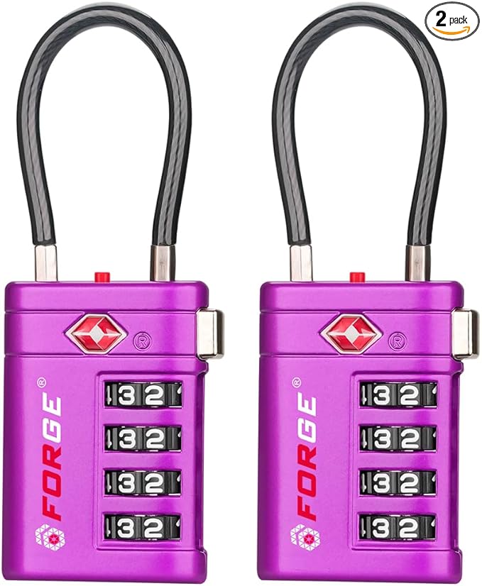 Forge TSA Approved Luggage Locks 4 Digit Combination TSA Travel Locks with TSA008, Open Alert Indicator, Zinc Alloy Body for Luggage, Suitcase, Backpack, and More. Purple 2 Locks.