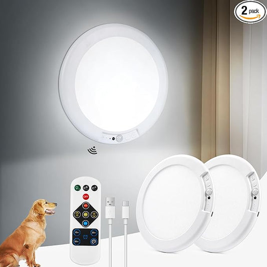 2PCs Battery Powered Ceiling Light with Remote, 7.48" Rechargeable Shower Light Waterproof, Wireless Motion Sensor Ceiling Lights Indoor 3000K/4500K/6500K Dimmable for Bathroom Closet