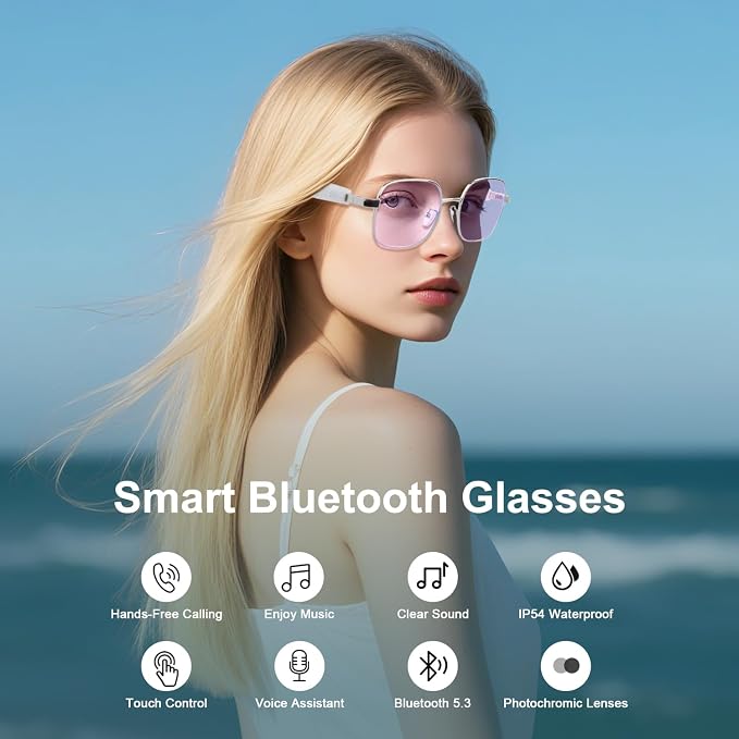 Smart Glasses for Women–Bluetooth Glasses with Photochromic Lenses | Open-Ear Audio, Built-in Mic & Speaker, IP54 Waterproof, Wearable Tech Glasses for Seamless Indoor & Outdoor Wear