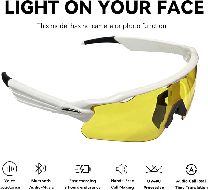Bluetooth Smart Sunglasses for Men Women, Open-Ear Speaker Glasses with Touch Control, UV400 Polarized Lens, 5-6H Playtime for Outdoor Sports,White and Yellow