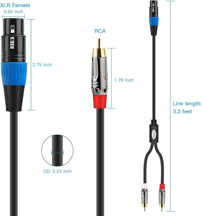 JOLGOO Unbalanced XLR Female to Dual RCA Y Splitter Breakout Cable, 1 XLR Female to 2 RCA Male Y Breakout Cable Adapter Cord, 3.3 Feet