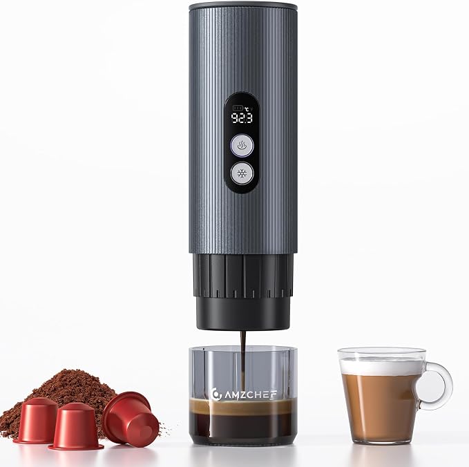 AMZCHEF Portable Coffee Maker Rechargeable w/ 9000mAh Battery, 2-in-1 Travel Espresso Maker for Ground/NS Capsules, Car Espresso Machine Self-Heating for Camping, RV, Hiking, Office