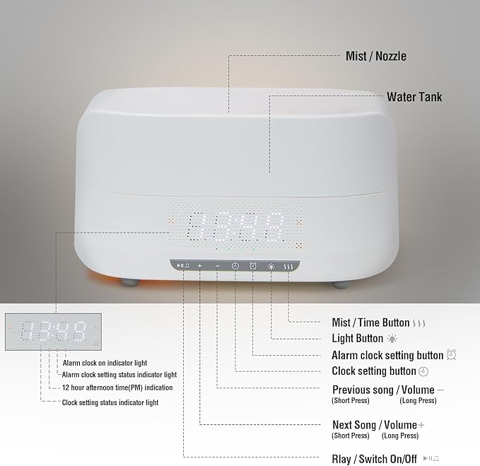 Aroma Essential Oil Diffuser & Humidifier 400mL, 5-in-1 Flame Effect Ultrasonic Diffuser with Bluetooth Speaker, LED Night Light & Clock, Quiet Diffuser for Bedroom Sleep Relaxation(Black)