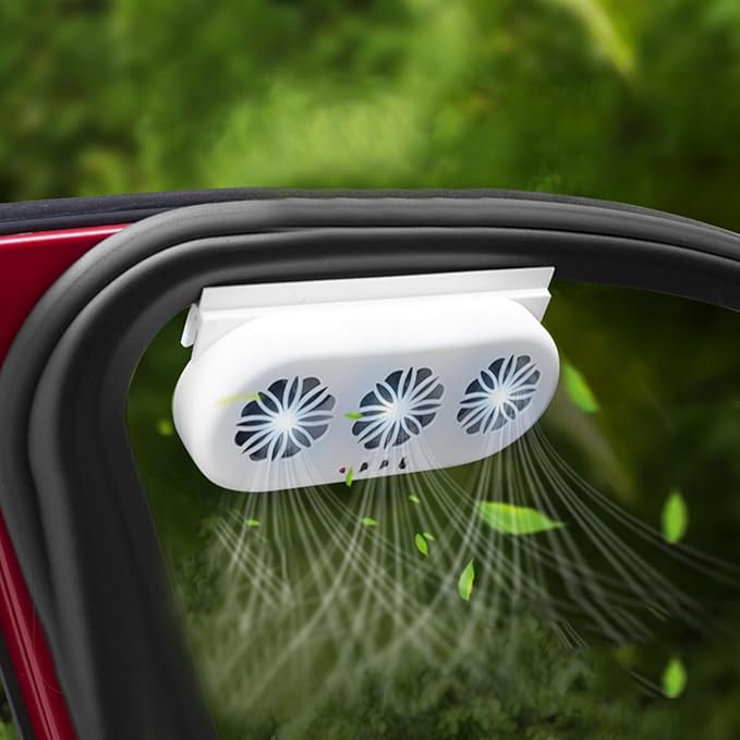 Solar Powered Exhaust Fan for Car Window - Vehicle Ventilation Fan with Three Air Outlet (White)