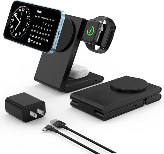 3 in 1 Wireless Charger with Magsafe, Travel Foldable Charging Station for Apple Devices, Compatible with iPhone 16/15/14/13/12 Series, iWatch Ultra/SE/10/9/8/7/6/5/4/3/2 Series, AirPods 3/Pro/2/4