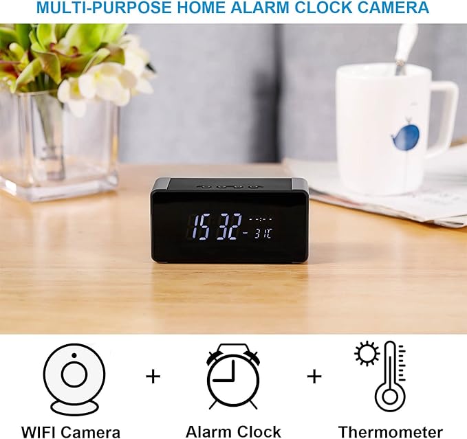 WiFi Hidden Camera Clock - Nanny Cam with 150° Wide-Angle Lens, Night Vision & Motion Detection, Wireless Indoor Hidden Camera for Home Security Monitoring