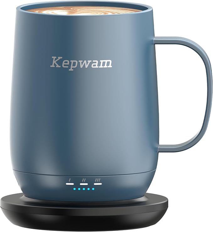 Kepwam Self Heating Coffee Mug T2, 16oz Smart Heated Coffee Mug, 150 Min Battery Life - Hot up to 149℉ Temperature Control Coffee Mug Warmer, Gifts for Dad Mom (No APP)