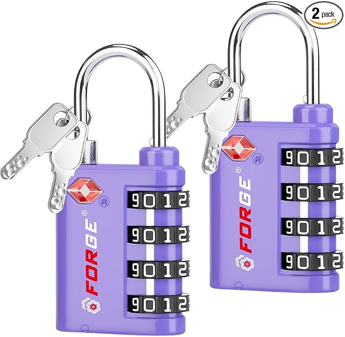 Forge Dual-Opening: Key or Combination Lock, TSA Approved Lock for Luggage, Pelican case, Travel, Gym, School, Luggage Combination Lock, Travel Bag Lock (Purple 2 Pk)