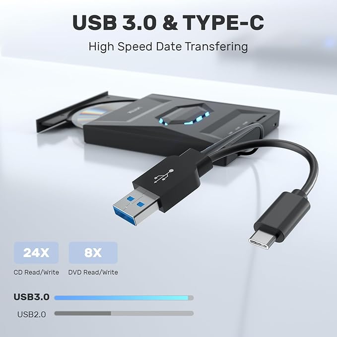 Unitek External CD DVD Drive, USB 3.0 Type-C Portable CD/DVD +/-RW Drive/DVD Player with SD Card Reader USB 3.0 USB C Hub CD ROM Burner Compatible for Laptop Desktop PC Mac Windows 11/10/8/7 Linux