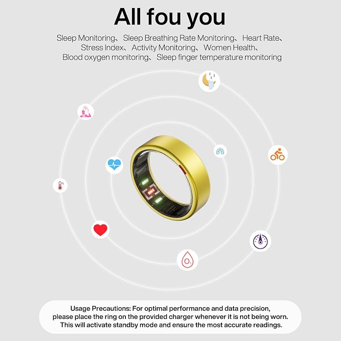 POBOVi Gen 2 Titanium Smart Ring for Women & Men, Sleep & Heart Rate Tracker, No Subscription, Size Before You Buy (Gold, 8)