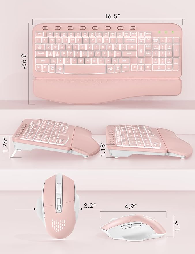 SABLUTE Wireless Keyboard and Mouse Combo Ergonomic - MA12Pro Wave Keyboard with Leather Wrist Rest for Comfortable Typing, RGB Backlit Rechargeable for Windows, Mac, PC, Laptop (Pink)