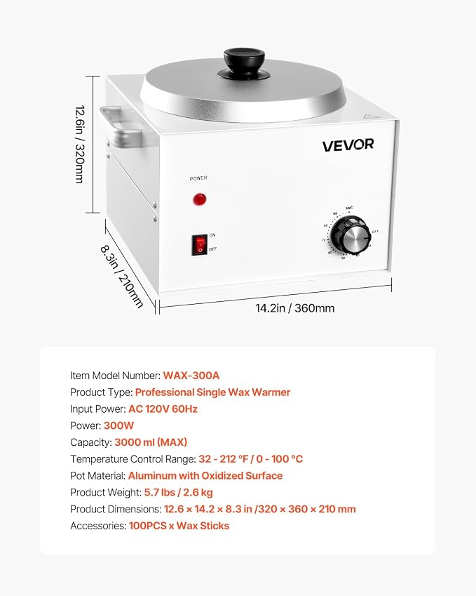 VEVOR Single Pot Wax Warmer, 3000ML 300W Professional Wax Warmer for Hair Removal, 32 ℉ - 212℉ Adjustable Electric Waxing Heater with 100PCS Waxing Sticks for Home Use, Beauty Salon, Spa