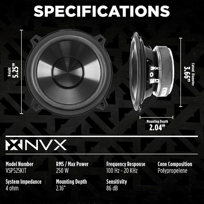 NVX VSP525KIT 750W Peak (250W RMS) 5.25" V-Series 2-Way Component Speaker System with 25mm Silk Dome Tweeters