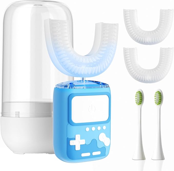 Adult Ultrasonic Electric Toothbrush, 360° Oral Cleaning for Stain & Whitening, IPX7 Waterproof Rechargeable, U-Shape Brush Head×3 + Straight Handle Brush Head×2 + Storage Cup