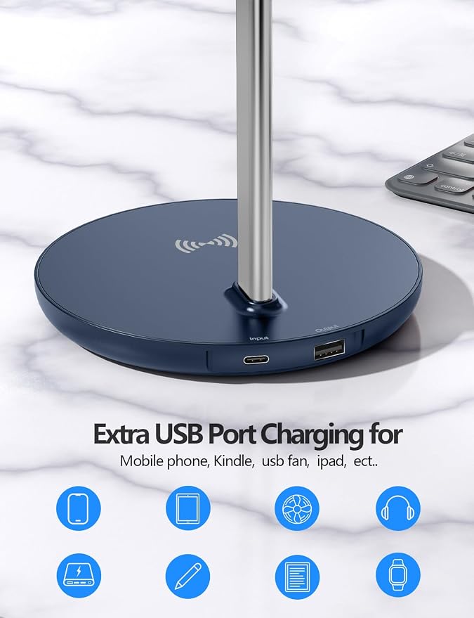 Miroddi Headphone Stand with Wireless Charger, Independent USB Charging Port, 5 in 1 Charging Station Headset Holder Rack for iWatch, iPhone, Samsung and Desk All Headphones, Dark Blue