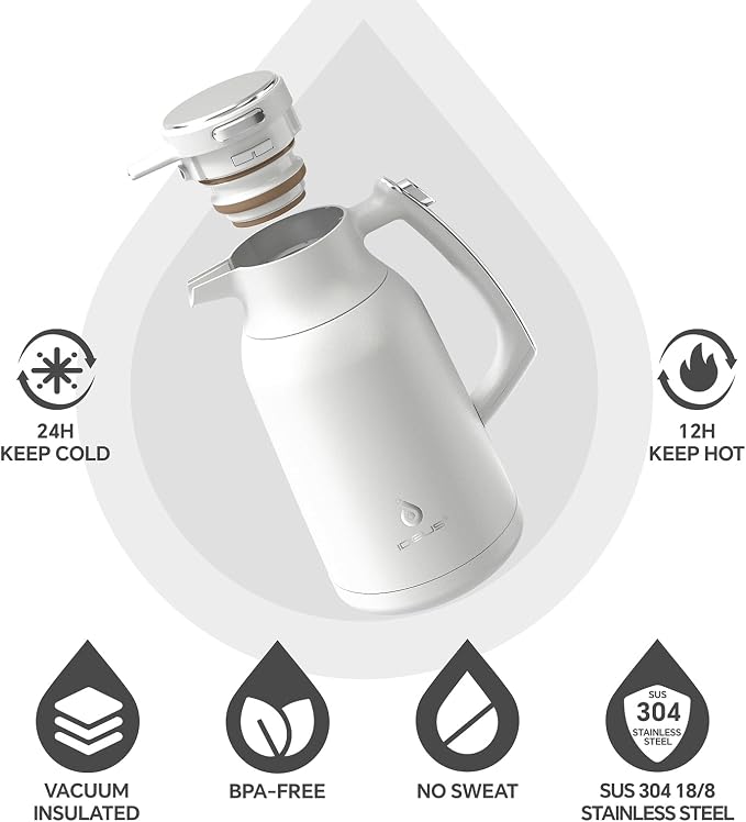 IDEUS Thermal Coffee Carafe, Stainless Steel Double Wall Insulated Vacuum Flask, Water Jug Coffee Server and Beverage Dispenser, Heat and Cold Retention (White, 68, Fluid Ounces)