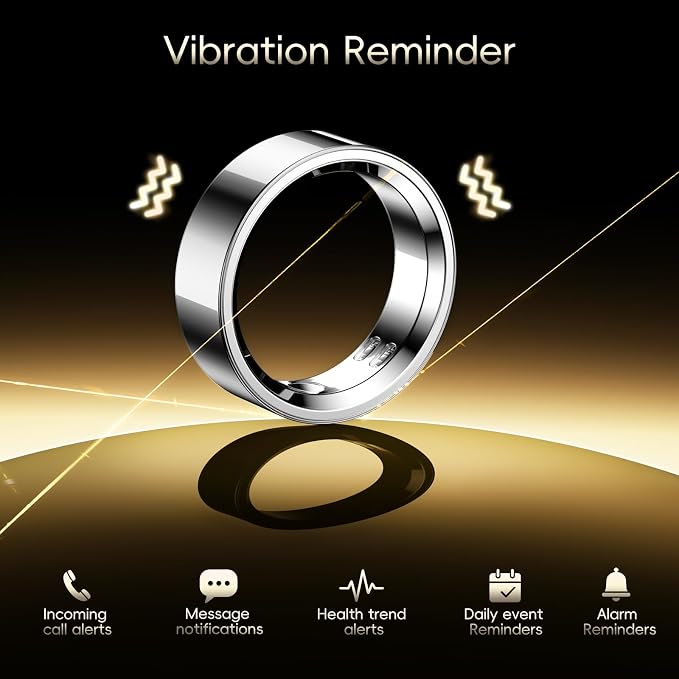 RQZ Smart Ring Fitness Tracker for Men Women, Sleep & Heart Rate Monitor, Step Counter with Vibration Alert, 5 ATM Waterproof, Compatible with iOS & Android Silver Size 11