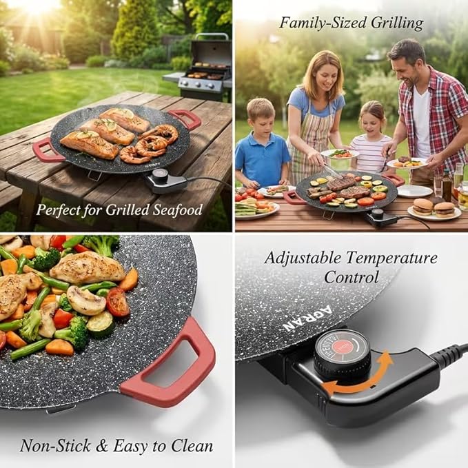 Indoor Grills Electric Smokeless Nonstick Electric Griddle for Indoor Use, Compact & Versatile Cooking for Steaks, Pancakes, and BBQ with 14-Inch Aluminum Cooking Surface