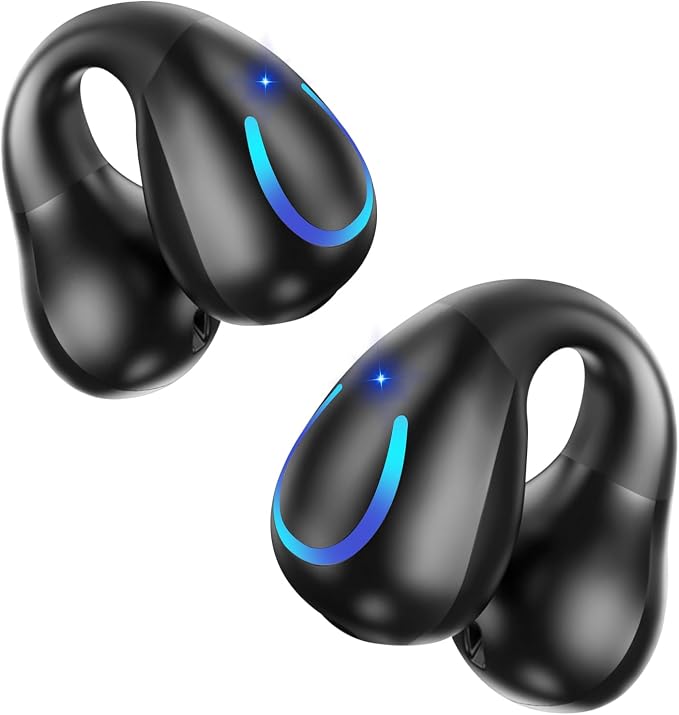 Ultra Open Ear Headphones Bluetooth 5.3 Wireless Bone Conduction Clip On Earbuds with Digital Display Charging Case 60 Hours Playtime Sport Earphones IPX7 Waterproof for Running Fitness Black