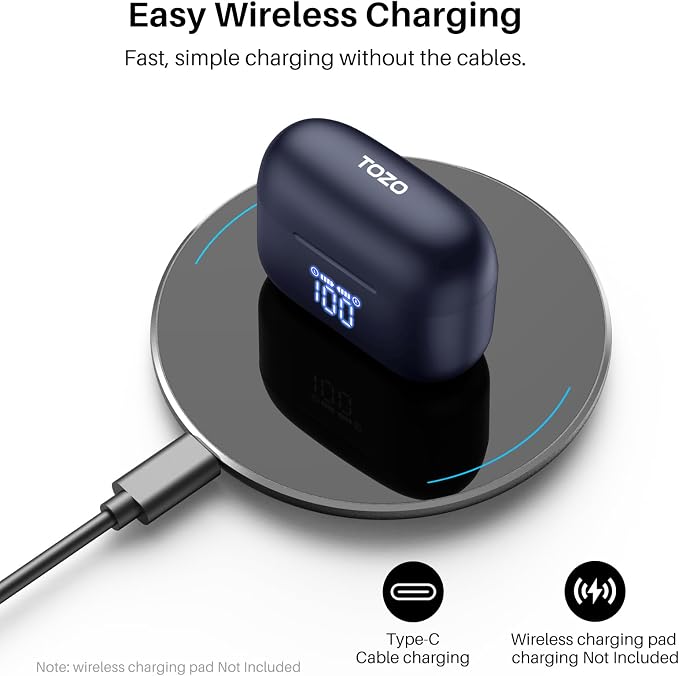 TOZO T20 Wireless Earbuds, Bluetooth 5.3 Headphones with 97H Playtime, IPX8 Waterproof, Dual Mic ENC Call Noise Cancelling, Deep Bass Sound, LED Display, Wireless Charging Case
