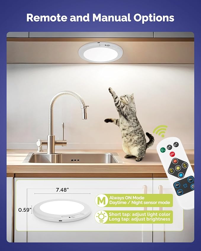 7.48" Battery Powered Ceiling Light with Remote, Rechargeable Shower Light Waterproof, Wireless Motion Sensor Ceiling Lights Indoor 3000K/4500K/6500K Dimmable for Bathroom Living Room Closet