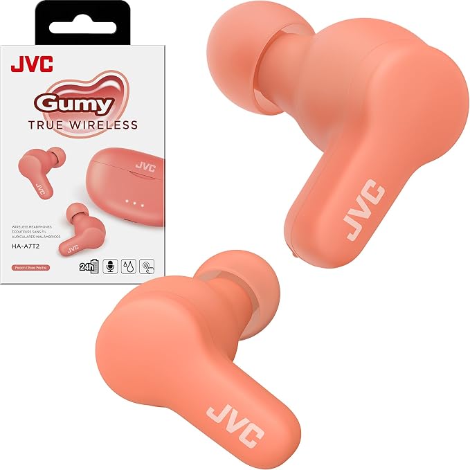 JVC Gumy True Wireless Earbuds, Bluetooth 5.3, Charging Case, 24-Hour Playback, IPX4 Water Resistant, Comfortable Secure Fit with XS/S/M/L Earpieces, Built-in Mic for Calls, iPhone/Android/PC - HAA7T2