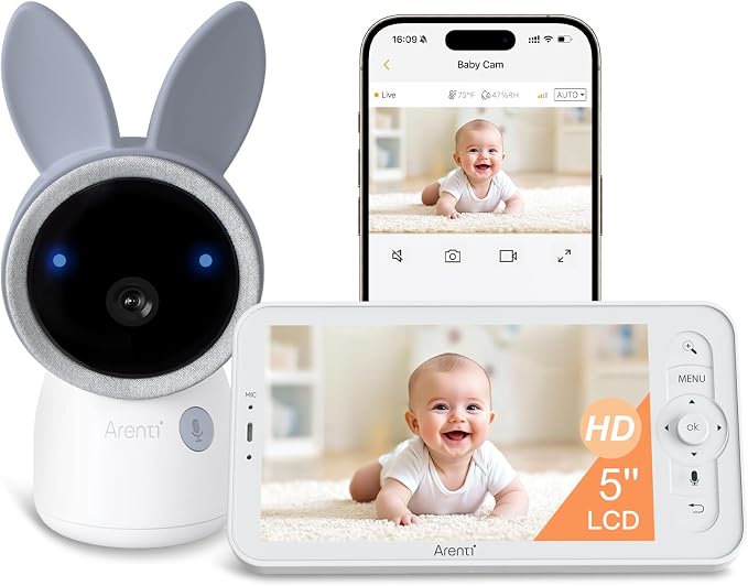 ARENTI 4MP Baby Monitor with Camera and Audio, 5G WiFi 5" Split Screen, Free App, Colorful Night Lights, Smoothing Lullabies, Cry&Motion Detection, Temp&Humidity Senor, Local Storage