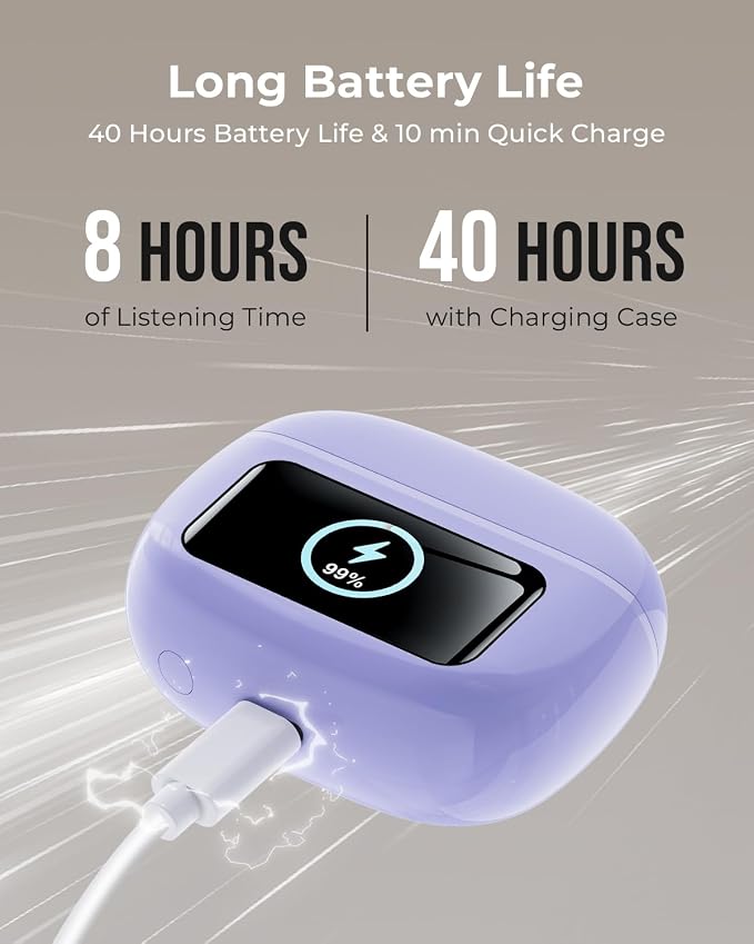 Wireless Earbuds with Smart Touchscreen Case, Bluetooth 6.0 Ear Buds with AI Noise Cancelling Calls, 40H Playtime Stereo Headphones, IPX7 Waterproof Earbuds for Workout, Travel, iPhone,Android,Purple
