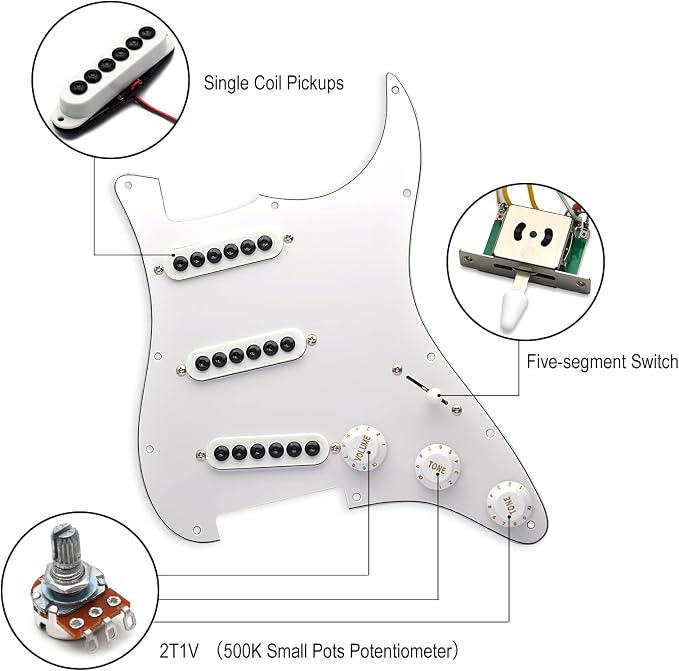 SAPHUE Prewired ST Pickguard Coil Pickups Adjustable Big Screws Loaded Electric Guitar Pickguard for Fender Strandard Straocaster Guitar Parts (SSS,White)