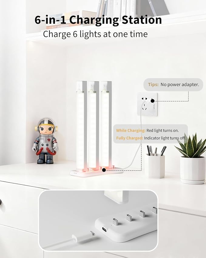 6-Pack Under Cabinet Lighting with Charging Station 8.1-Inch Rechargeable Motion Sensor Light Indoor 3 Color Dimmable Closet Light, USB Stick on LED Magnetic Under Counter Lights for Kitchen Shelf