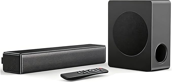 GEOYEAO Sound bar with subwoofer, 100W 2.1 ch soundbar w/Dolby Atmos Surround Sound System, 3D Bass Adjustable Home Theater Bluetooth TV Speaker for Smart TV/Projector/PC