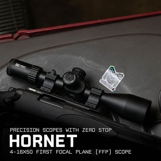 Monstrum Hornet 4-16x50 FFP Rifle Scope | Includes Zero Stop, Bubble Level Scope Rings, and Detachable Sunshade