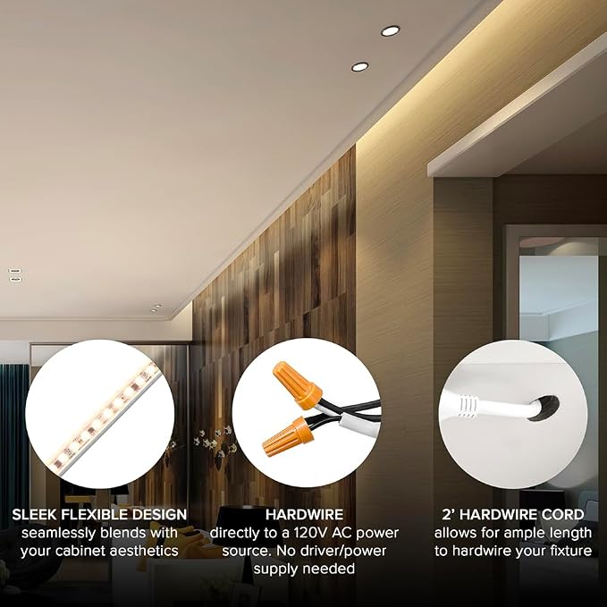 Maxxima 60 in. Hardwired LED Under Cabinet Strip Light, 2300 Lumens, 3000K Warm White, Kitchen and Living Room 120V White Cove Lighting, No Power Supply Needed