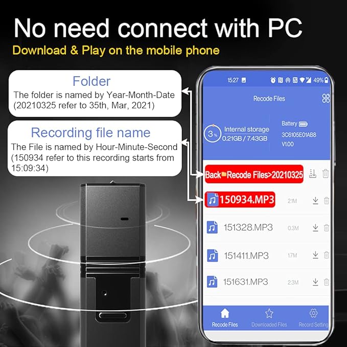 Kingneed Q9 Magnetic Voice Recorder Voice Activated, no Need Connect with PC, Download & Play on The Mobile Phone, APP for Andriod & iOS, Audio Recorder for Meeting, Interview, car