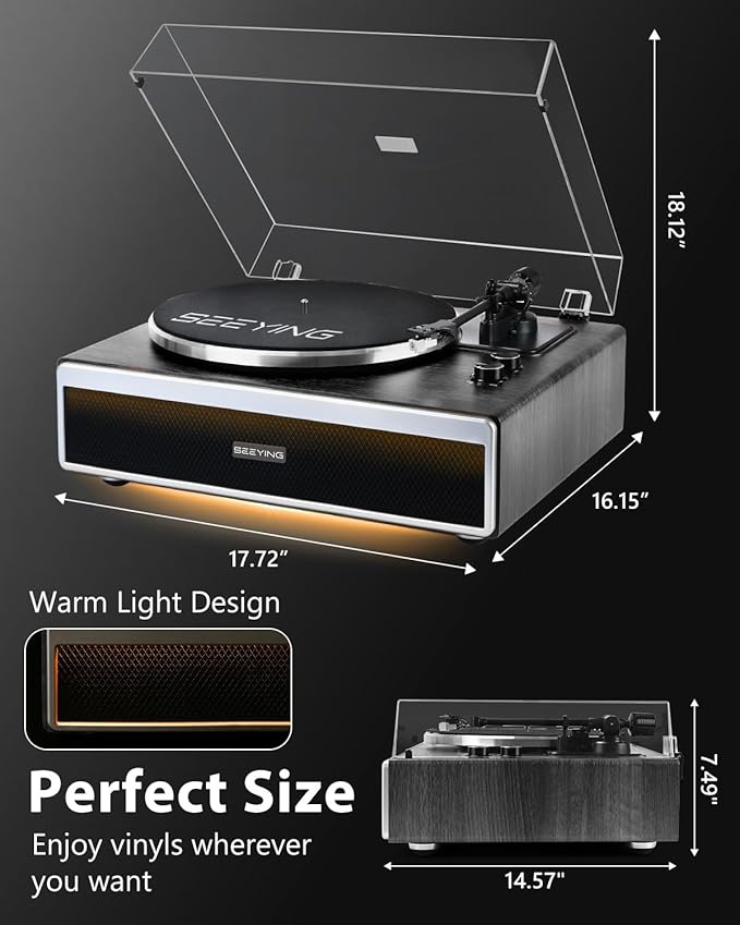 SeeYing Vinyl Record Player with Built in HiFi Speakers, Bluetooth Belt Drive Turntable for Vinyl Records with Magnetic Cartridge, Auto Stop and Warm Light Design