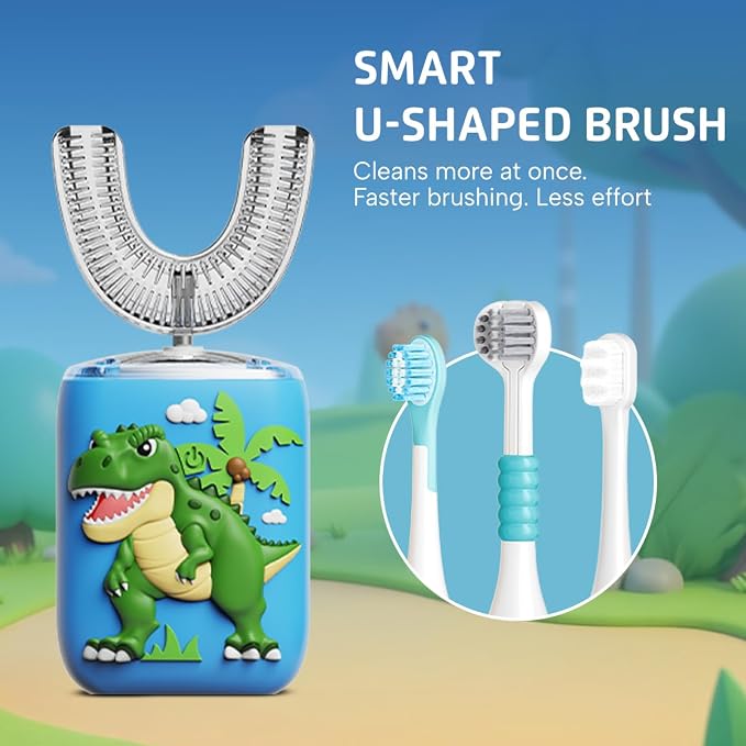 Well Before Kids U Shaped Electric Toothbrush with 5 Brush Heads, Ultrasonic, 5 Modes, IPX7 Waterproof Design (Dinosaur, Green, Ages 2-7)
