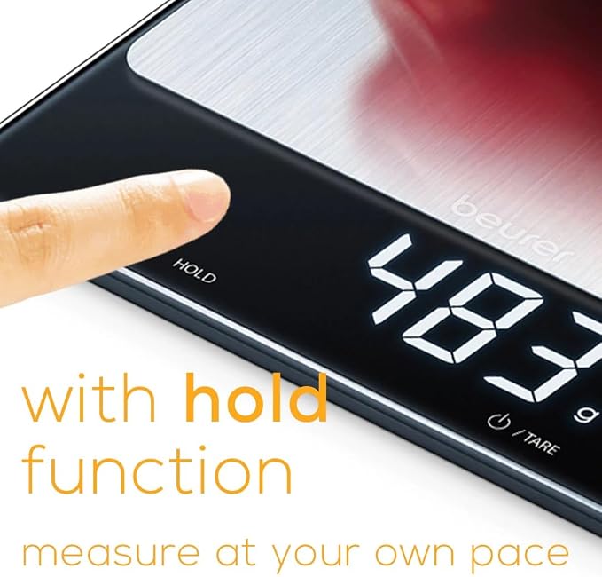 Beurer KS34 Digital Kitchen Scale - Precise Scale for Food Ounces and Grams, 33lbs Capacity, XL Weighing Platform for Meal Prep, Magic Display, Tare Function - Batteries Included - Black Glass