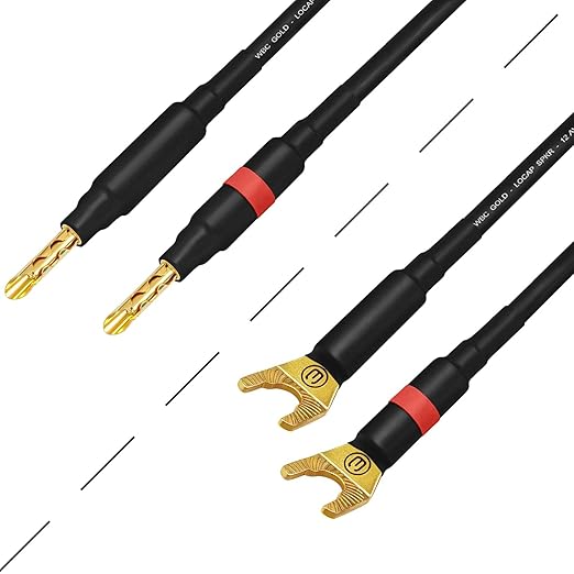 WORLDS BEST CABLES 5 Foot WBC-GOLD-LOCAP-SPKR-12 AWG - Low-Capacitance - Low-Inductance - High Purity OFC - Audiophile HiFi Speaker Cable Pair with Eminence Gold Banana (x2) & Spade (x2) Plugs