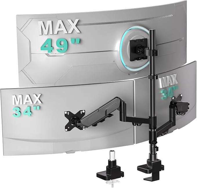 WALI Triple Monitor Mount, up to 49'' Ultrawides on Top Bracket and 34'' Screens on Side Brackets, Extra Tall 3 Monitors Desk Mount, Heavy Duty Monitor Arm up to 44 lbs (GSDM003N-P), Black