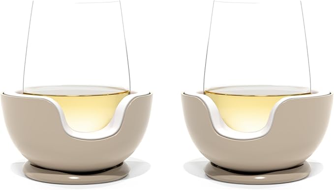 VoChill Stemless Wine Glass Chiller | Keep the Chill In Your Glass | Made In USA | Separable & Refreezable Chill Cradle | Actively Chills Stemless Glassware | Sand, Pair Stemless