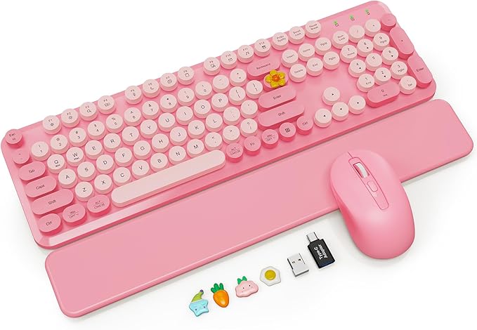 Wireless Keyboard and Mouse Combo with Magnetic Wrist Rest, Round Keycaps, Full-Size Retro Typewriter-Style, Two-Stage Tilt Legs, Auto-Sleep, 2.4G Wireless for Windows Mac Laptop PC, Soft Blush Pink