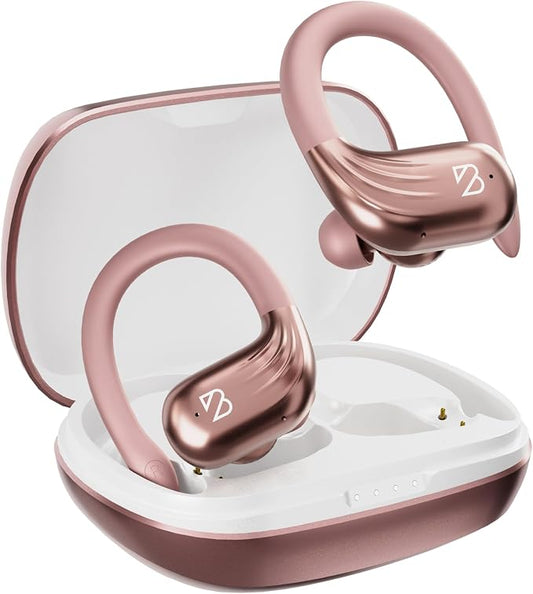 Back Bay Audio Runner 60 - Rose Gold Wireless Running Earbuds, 80 Hour Long Battery Life Over the Ear Earbuds with EarHooks, Wrap Around Ear Buds Wireless Bluetooth Earbuds with Microphone