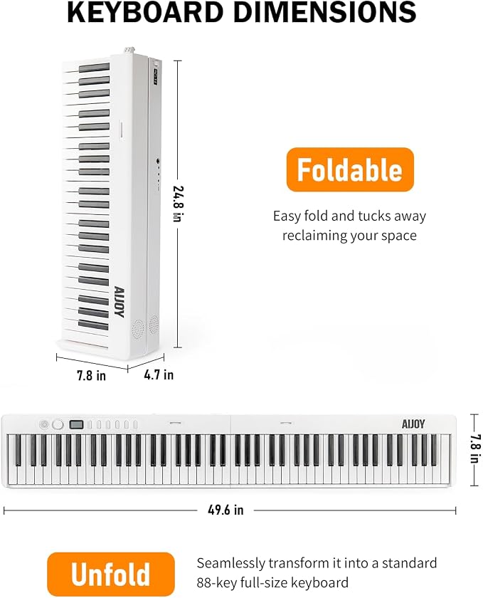 AiJoy 88-Key Portable Piano Keyboard with Semi-Weighted Keys Folding Piano, Built-in Speakers/MIDI, Long Battery Life Electric Keyboard Piano for Beginners