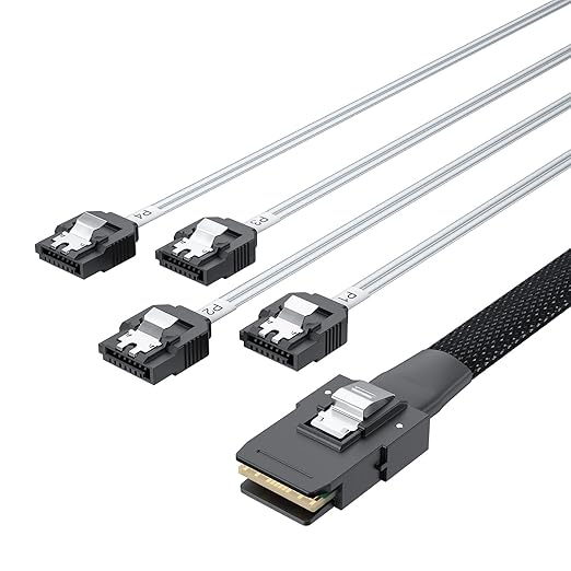10Gtek MiniSAS SFF-8087 Fan-Out Cable Breakout to 4xSATA, 6Gbps High-Speed Cable for RAID Controllers, Servers & Storage Enclosures, with Latch, 0.5-m(1.6ft)
